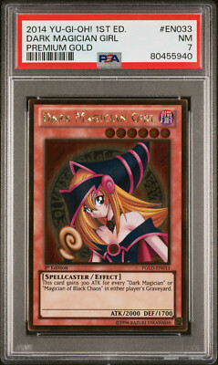2014 YUGIOH 1ST ED PGLD-EN033 DARK MAGICIAN GIRL GOLD RARE PSA 7 NM #80455940-image
