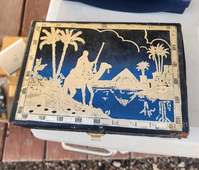Vintage Egyptian Camel Leather Bound Jewelry Box Cigar Box Rare Velvet Lined-image