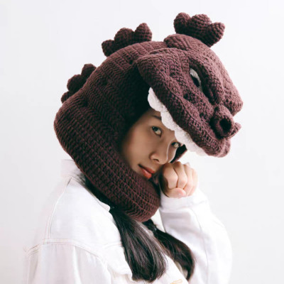 Godzilla Headcover Cute Warm Mole Autumn/Winter Handmade Knitted Godzilla Hat-image
