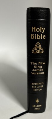 Vtg Bible King James Version Red Letter Nelson 244SB Black Bonded Leather Snap-image
