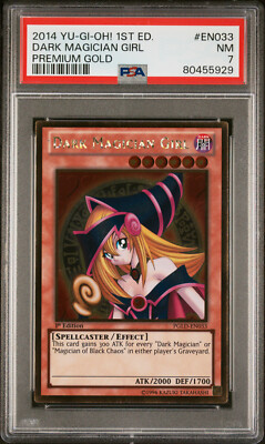2014 YUGIOH 1ST ED PGLD-EN033 DARK MAGICIAN GIRL GOLD RARE PSA 7 NM #80455929-image