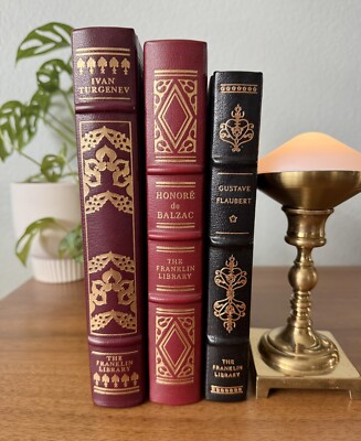 Lot Of 3 Franklin Library Limited Leather Bound Books Flaubert Balzac Turgenev-image