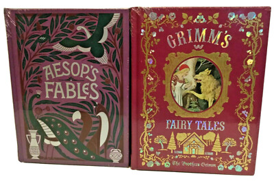 ❤️SET OF 2 AESOP'S FABLES and GRIMM'S FAIRY TALES Leather Bound Collectible NEW-image