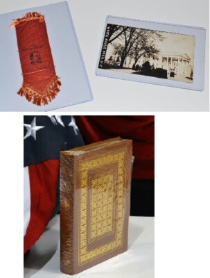 GROVER CLEVELAND Campaign RIBBON, Easton Press Leather Bound BOOK, WH POST CARD-image