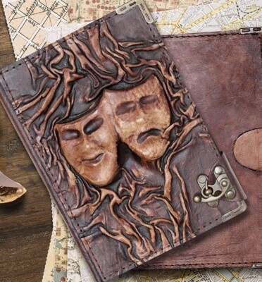 Handcrafted Leather Bound Journal, Embossed Happy Sad Theater Face Drama-image