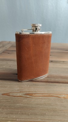 6oz Leather Bound Stainless Steel Hip Flask, Screw Cap Unused-image