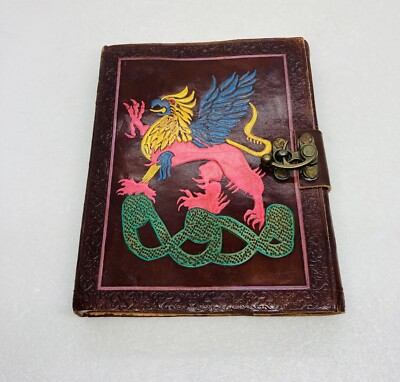 Very Rare Leather Bound Mythical Griffin Thick Art Paper Notebook Metal Latch 2B-image
