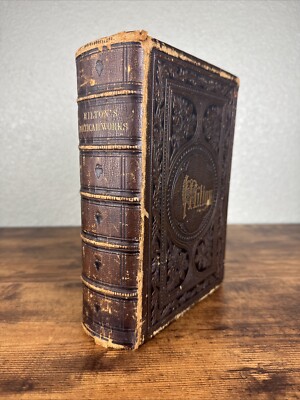 ANTIQUE 1861 LEATHER BOUND POETRY BOOK: THE POETICAL WORKS OF JOHN MILTON-image