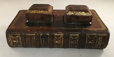 ANTIQUE FRENCH 18TH CENTURY LEATHER BOUND BOOK FORM INKWELL INKSTAND DESKTOP-image
