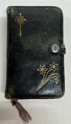 Antique Polish Miniature Prayer Book Mother of Pearl Crucifix 1914 Leather Bound-image