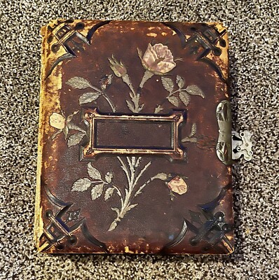 Antique Victorian Leather Bound Family Portraits Photo Album w/ 27 Photographs-image