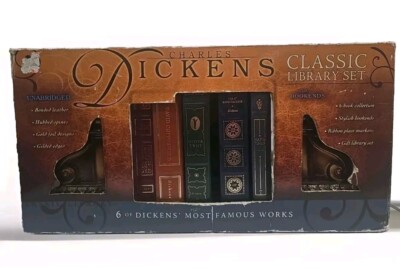 Charles Dickens Classic Library Set Box Leatherbound Book Lot Gold Foil Bookends-image