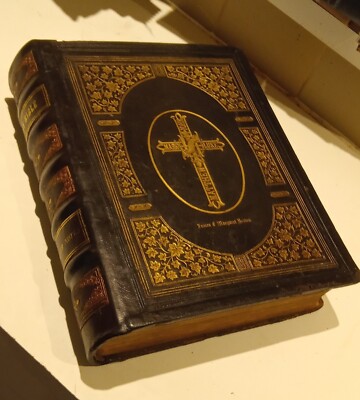 LARGE FULL LEATHER FAMILY CATHOLIC DOUAY VULGATE BIBLE; CA 1874, BRITE GILT-image