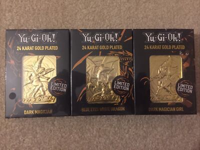 Sealed YuGiOh 24 Karat Gold Plated Card Set of 3 Dark Magician Blue Eyes DM Girl-image