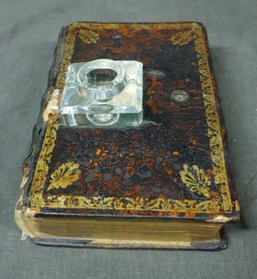 Antique Old Vintage French Leather Bound Book Inkwell-image