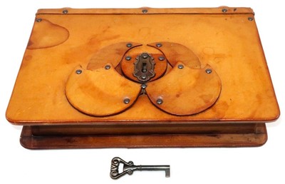 RARE Hand-Crafted Leather Bound Wood Book-Shaped Locked Box & Key, 12