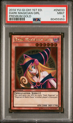 2014 YUGIOH 1ST ED PGLD-EN033 DARK MAGICIAN GIRL GOLD RARE PSA 9 MINT #80455973-image
