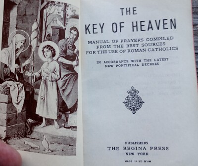 STAINS 1950s Catholic Prayer Book Key of Heaven Christian Leather Vtg -image