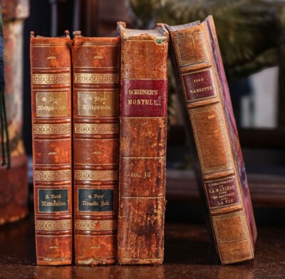 Lovely Collection (4) Large Antique Illustrated Leather Spine Books Home Decor-image