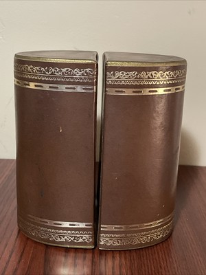Brown Leather Bound Gold Gilt Scroll Bookends MCM-image