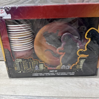 New & SEALED GODZILLA PARTY KIT 63 PC BANNER CUPS PLATES STRAWS NAPKINS Rare!-image