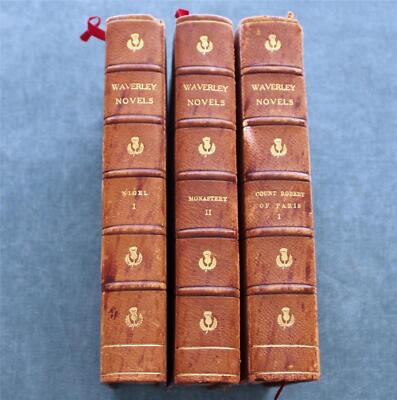 Three Antique Half Leather Bound Waverley Novels, Sir Walter Scott-image