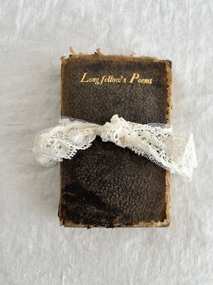 Antique Longfellows Poetry book leather rustic primitive-image