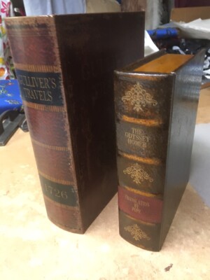 VINTAGE 2 WOOD ANTIQUE LEATHER BOUND BOOK LOOK BOXES GULLIVERS TRAVELS & ODYSSEY-image