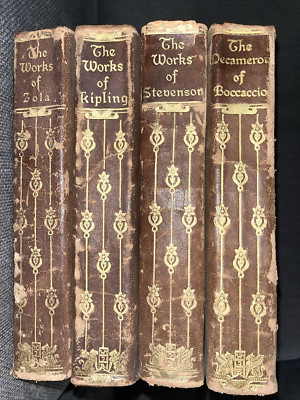 LOT 4 Leather Antique WJ Black Gilt Bocaccio Stevenson Zola Kipling books Decor-image