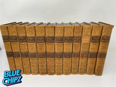 ANTIQUE 1840’s LEATHER BOUND 12 VOL SET QUEENS OF ENGLAND AGNES STRICKLAND-image