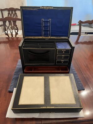 Victorian Leather Bound Stationary Box Desktop Paper Tidy / High Quality Antique-image