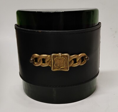 Vintage Italian Emerald Green Glass MCM HalfMoon Leather Bound Bookend Doorstop -image