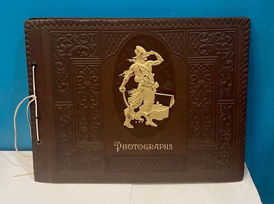 Vintage Leather String Bound Scrapbook Album Embossed Gold Pirate Treasure Chest-image