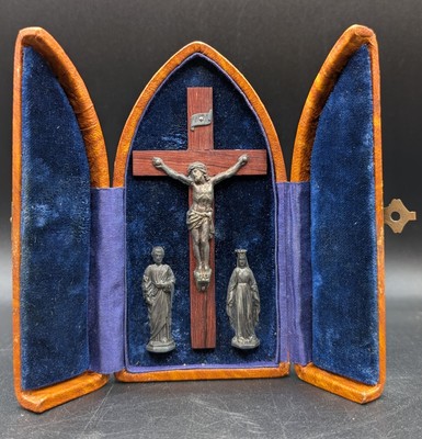 Leather Bound Antique Travel Triptych Crucifix Madonna Joseph, Blue Velvet AS IS-image