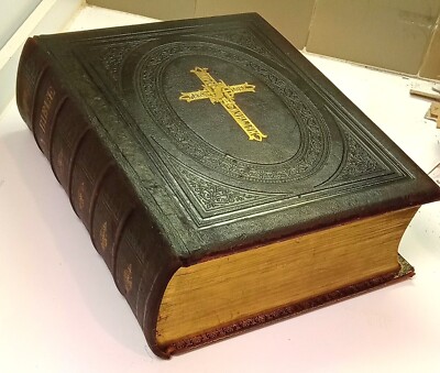LG. LEATHER CATHOLIC DOUAY VULGATE BIBLE; FULL UNABRIDGED HAYDOCK NOTES, 1854-image