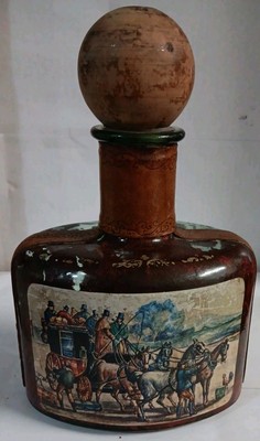 Vintage  Leather Bound Glass/Bottle Bottle Decanter Horse & People Scene-image