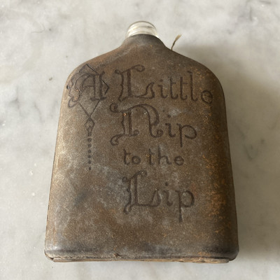 WWII Era Leather bound glass mini Flask- A little Nip to the lip/ Missing Cap-image